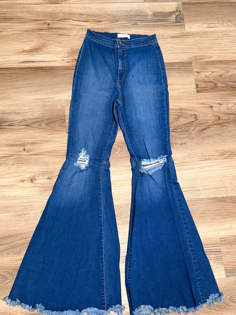 Vibrant Dark Blue Distressed Flare Jeans